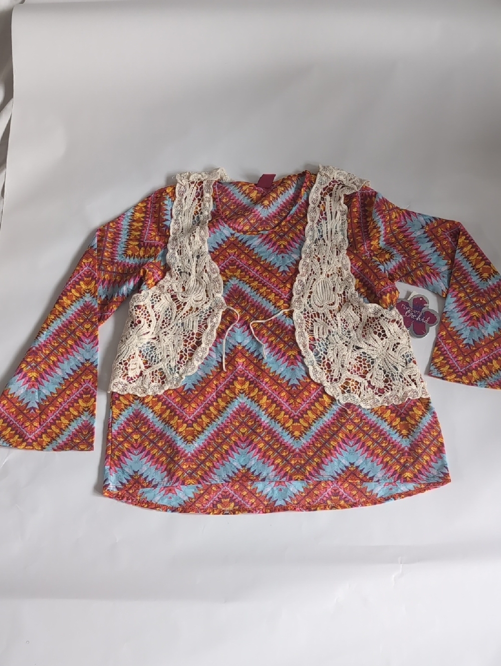Girls Pink & Blue Chevron Top With Crochet Vest - XL